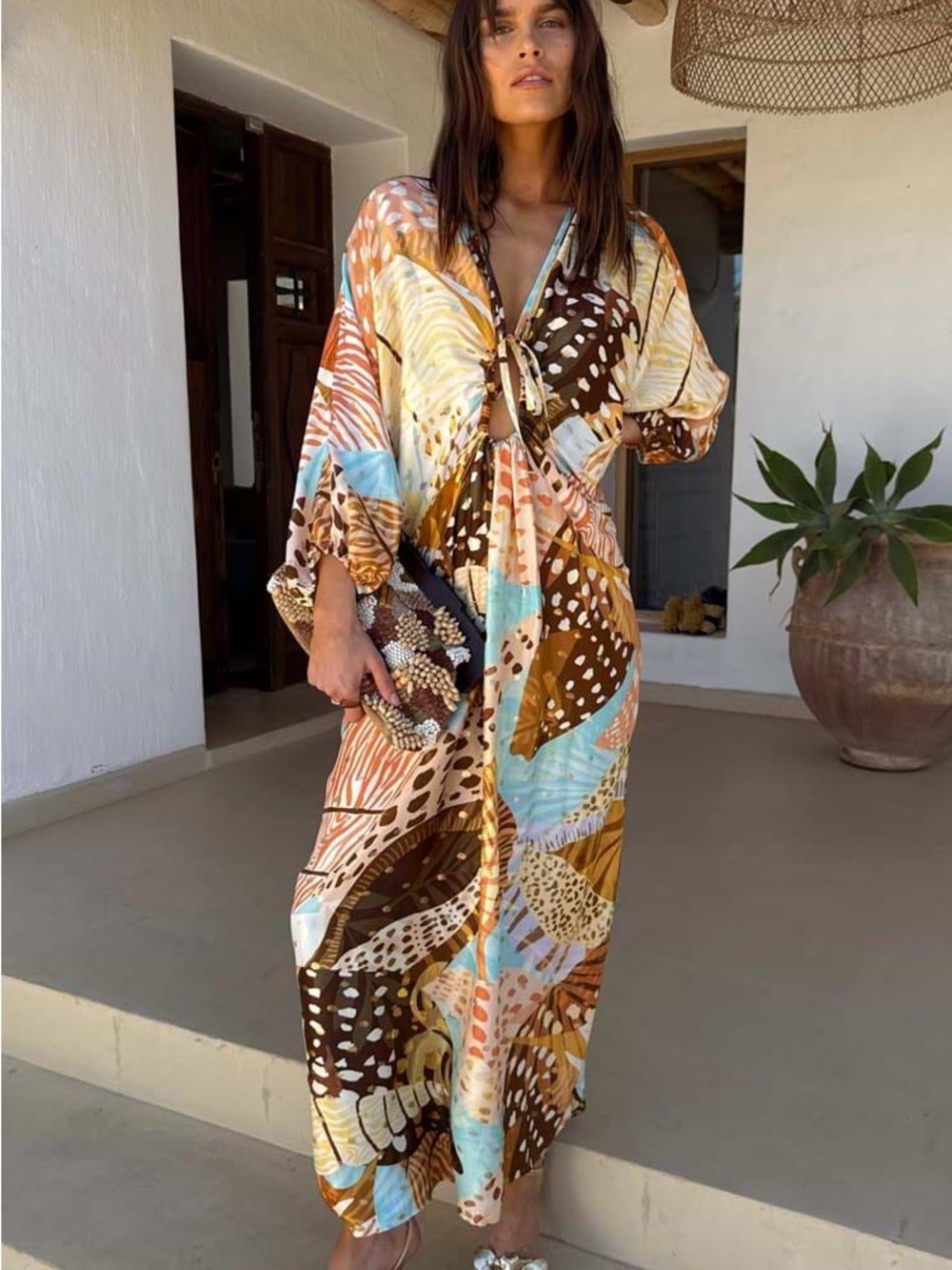 Never Fully Dressed. Animal/ Shell Print. Toria Maxi Dress in Brown, Blue. Small